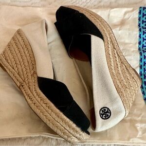 Tory Burch Filipa Black and Cream Wedge Espadrilles
